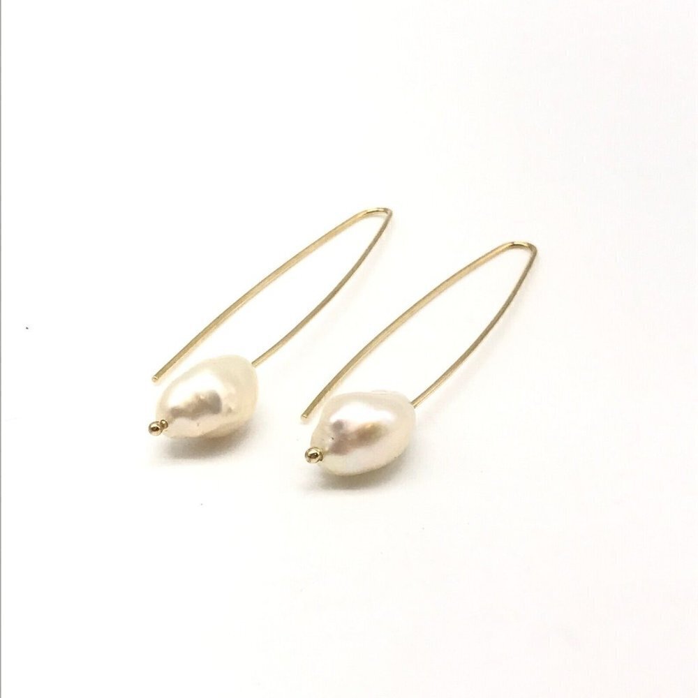 14k Yellow Gold 13MM Baroque Pearl Hook Drop Earrings 2" - Picture 8 of 8